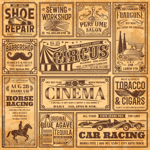 Vintage newspaper banners, old advertising on retro paper, vector background. Vintage newspaper page with news and ad posters of circus, cinema, tobacco shop and barbershop or shoe repair workshop