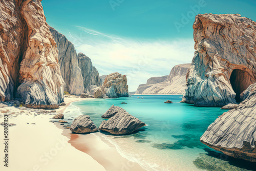 A secluded beach surrounded by cliffs and rock formations, accessible only by boat or a long hike - Generative AI