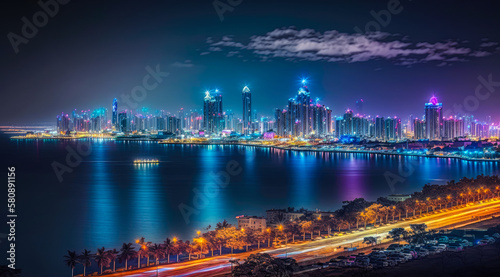 A panoramic view of Qingdao skyline at night, with the city's bright lights creating a mesmerizing and colorful spectacle - Generative AI