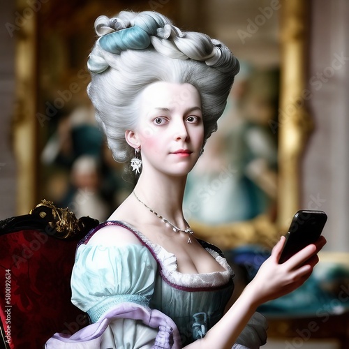 18th century courtier woman with cell phone, made with generative AI