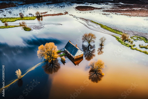 Inondation dans la campagne - Catastrophe climatique - Vue de drone - Générative IA