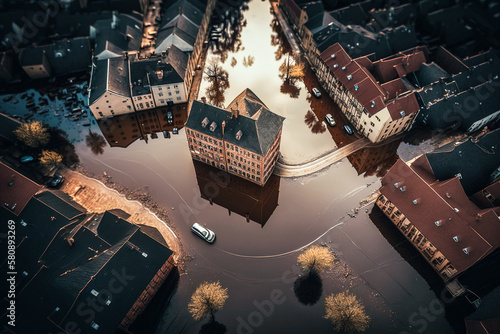 Inondation dans la ville - Catastrophe climatique - Vue de drone - Générative IA