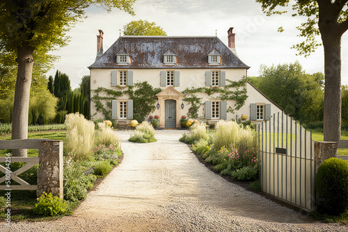 French country farmhouse with a gravel driveway and a garden trellis, illustration - Generative AI
