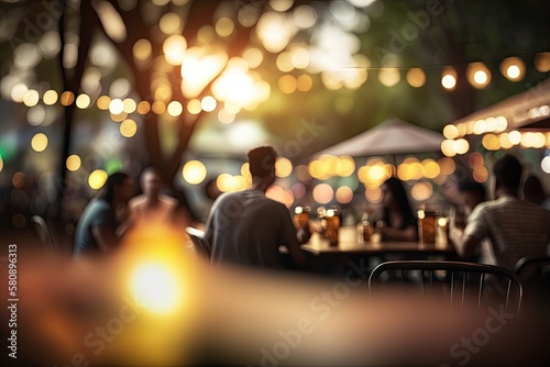 Bokeh background Street Bar beer restaurant, outdoor in asia, People sit chill out and hang out dinner and listen to music together in Avenue, Happy life ,work hard play hard. Generative AI