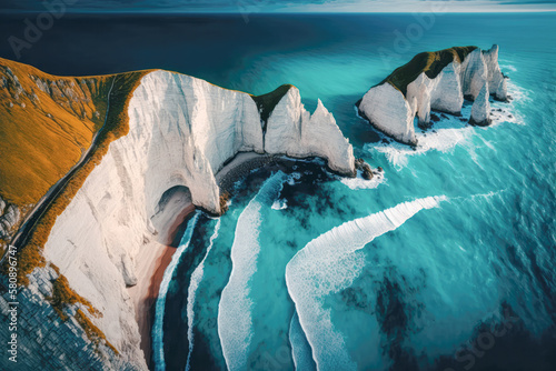An aerial shot of the striking contrast between the deep blue sea and the white chalk cliffs of Etretat, Normandy, France - Generative AI