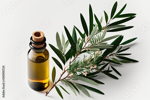 On a white background, a fresh tea tree branch and essential oil. Oil of tea tree (Melaleuca alternifolia). Generative AI