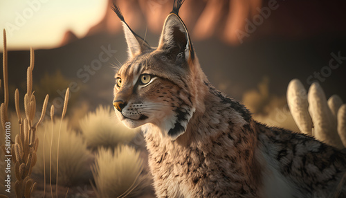 portrait of a lynx side view, golden hour, animal wild, Ai Generate 