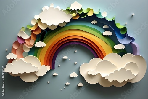 Paper cut style of rainbow and clouds on sky. Summer background. illustration, Generative AI