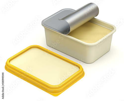 Open colored margarine box mockup with empty surface and lid on white background - 3D illustration