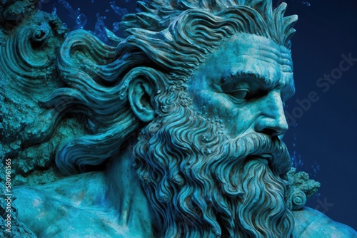Neptune (Poseidon), a powerful god of the sea and the oceans, is depicted in fragment form against a blue background. Generative AI