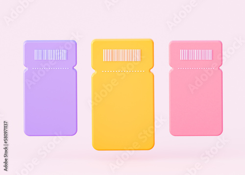 Purple, yellow and pink blank coupon with barcode. Collection of tariff plans for websites and applications in the form of coupons. 3d rendering illustration.