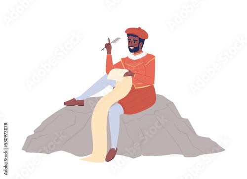 Medieval royal poet writing with quill semi flat color vector character. Editable figure. Full body person on white. Simple cartoon style spot illustration for web graphic design and animation