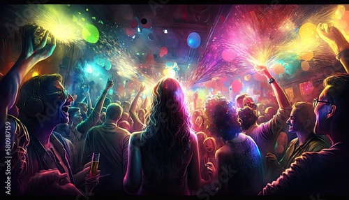Euphoric celebration of life with partygoers in a vibrant nightclub on dark background. Generative AI