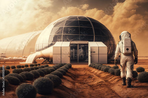 Astronaut growing plant in greenhouse on Mars, futuristic fantasy image, colonization of Mars red planet, new life, Agriculture AI Generative