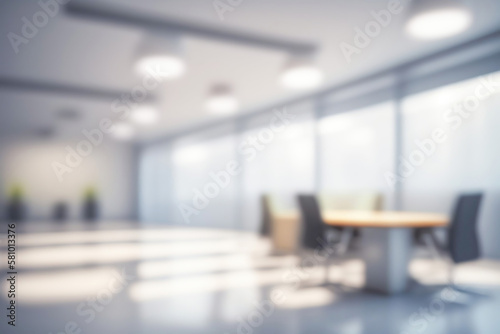 Beautiful blurred background of a light modern office interior with panoramic windows and beautiful lighting.