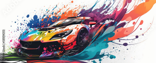 Artsitic, colorful illustration of a racing car - Generative AI