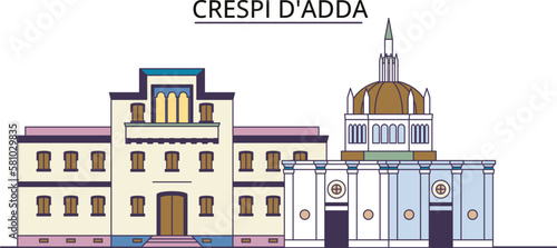 Italy, Crespi D'adda tourism landmarks, vector city travel illustration