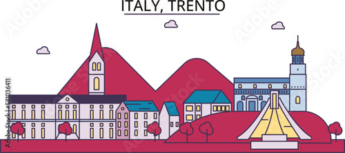 Italy, Trento tourism landmarks, vector city travel illustration