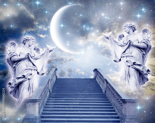 Two angels archangels with divine stairs and mystic sky, stars and mystical planet or Moon like spiritual and rligious topic