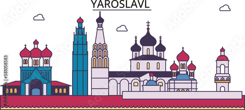 Russia, Yaroslavl tourism landmarks, vector city travel illustration