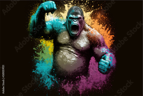 Ferocious gorilla dominant illustration, angry animal, generated ai