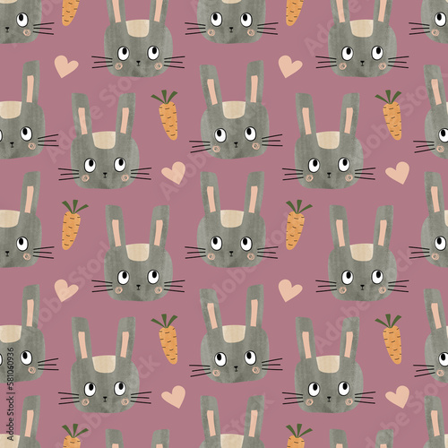 Cute bunnies seamless pattern, Rabbits endless print, Carrots and love hearts cartoon background, Cute animal wallpaper, Easter design, Nursery wallpaper, Children textile print