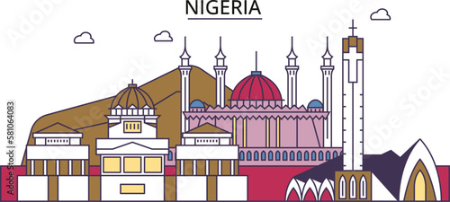 Nigeria tourism landmarks, vector city travel illustration