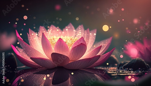 3D illustration of a pink lotus flower in water with sunshine. Generative Ai.