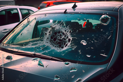 Broken windshield with hail holes, stormy weather. Car insurance. Generative AI