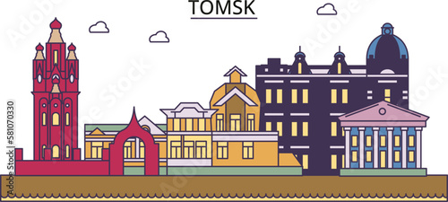 Russia, Tomsk tourism landmarks, vector city travel illustration