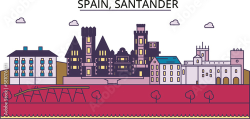 Spain, Santander tourism landmarks, vector city travel illustration