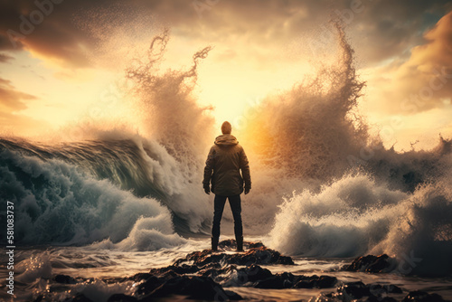 Man standing front of big strom wave on sunset sky abstract background. Challenge and brave concept. Generative AI