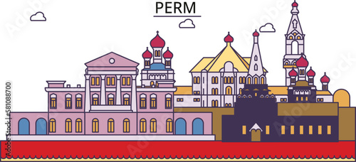 Russia, Perm tourism landmarks, vector city travel illustration