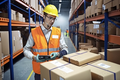 Logistics company workers scan packages. Ai generated.