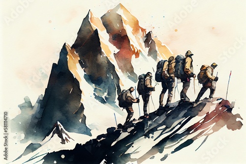 Watercolor Illustration of a Group Of Mountaineers. Multiple High Alpine Climbers In Front Of A Gigantic Mountain. Designed Using. Generative AI