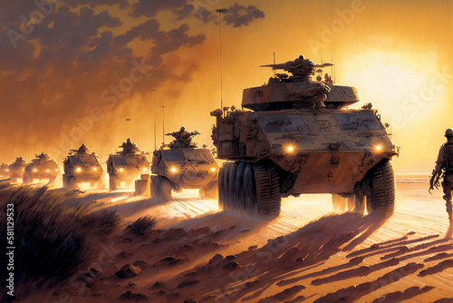 Military patrol car on sunset background. Army war concept, generative ai