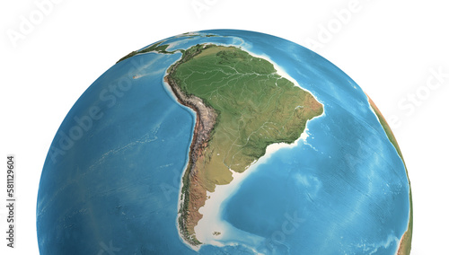 High resolution satellite view of Planet Earth, focused on South America, Amazon Rainforest, Andes Cordillera - 3D illustration, elements of this image furnished by NASA.
