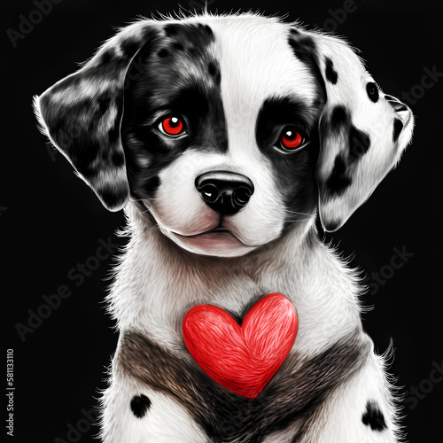 watercolor portrait of a Dalmatian puppy with a red heart on a black background. generative AI