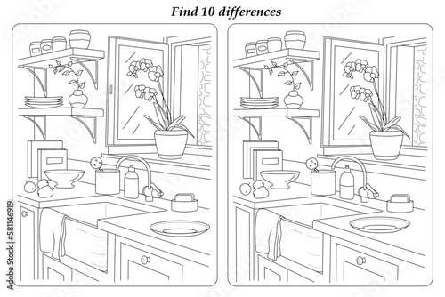 Find 10 differences. Household items in the interior of the kitchen. Black and white illustration. Coloring.