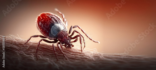 Infected tick on human skin. Ixodes lyme ricinus mite banner. Dangerous biting insect macro photo. AI generation