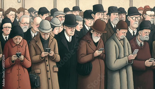 Large crowd of commuters looking at their phones, comic naïve illustration style. Generative AI