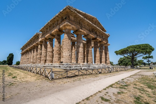 Ancient doric colonnades of the first Hera Temple of Paestum, Campania, Italy, side view