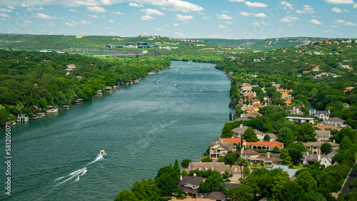 Austin, Texas / USA - May 20 2020: Lake Austin on the Colorado River in Austin, Texas - Mt Bonnell lookout over lake