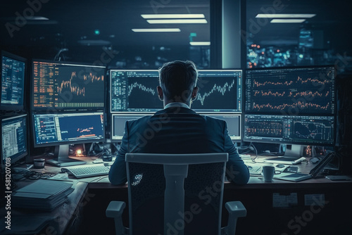 Trader doing analysis and trading behind multiple screens showing charts and statistics. Stock, crypto or forex financial market.