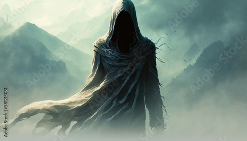 A faceless wraith lingers in the air the veil of death forever shrouding it. Fantasy art. AI generation.