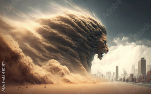 Monstrous sandstorm in the shape of a giant angry lion approaching a city in the desert from one side. Fictional sci-fi representation of nature's power. Generative AI.
