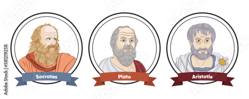 Greek philosophers from Athens, Socrates, Plato and Aristotle sketch style vector portrait 