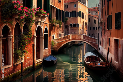 Canal architecture and famous Venetian nautical vessels glow ,generative AI