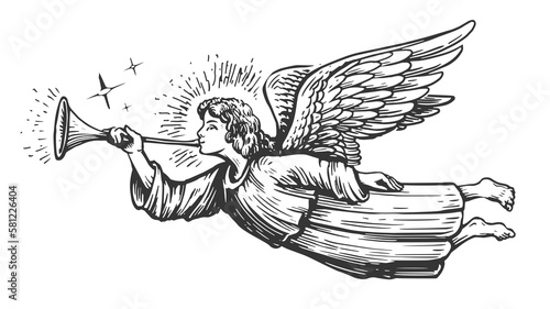 Christmas Angel flying and trumpet on pipe. Religious holiday. Hand drawn illustration in vintage engraving style