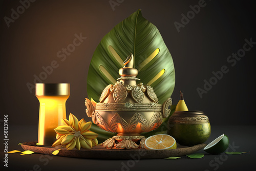 Happy New Year hindu Indian festival Ugadi (Gudi Padwa). Golden Kalash ( pot) with mandala, banana leaf, green mango, flowers and diya (lamp). Traditional pongal cuisine, evening meal. Generative AI